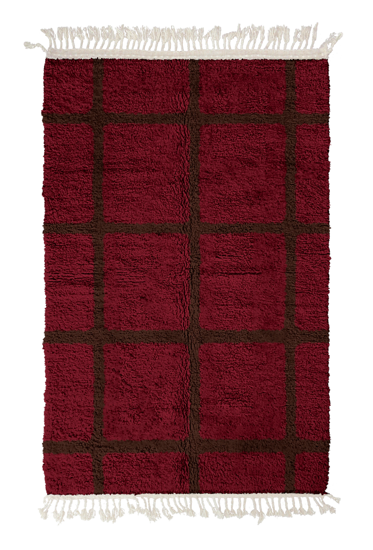 Pane Crossing grid wool rug, dark brown lines on burgundy, full view