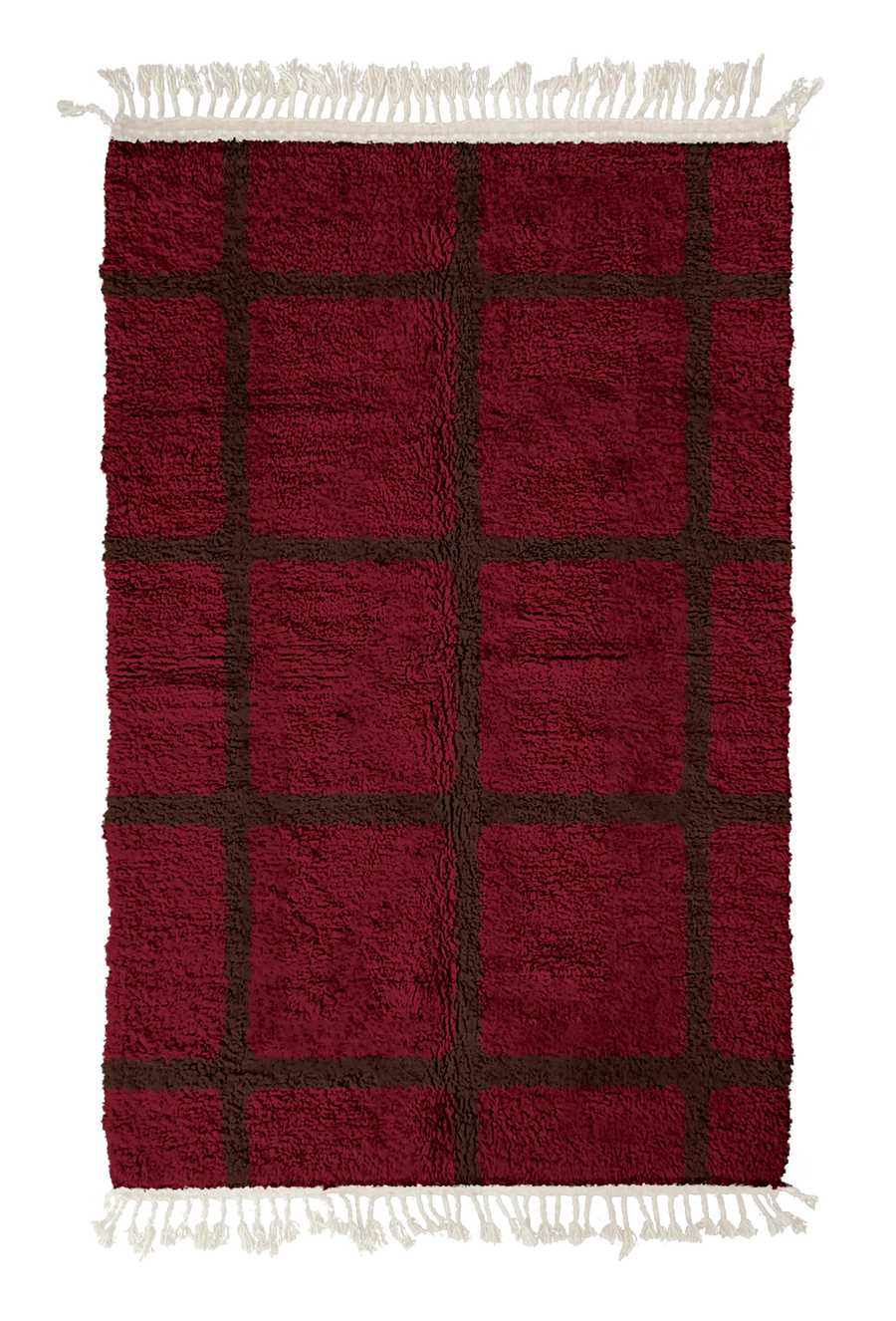 Pane Crossing grid wool rug, dark brown lines on burgundy, full view