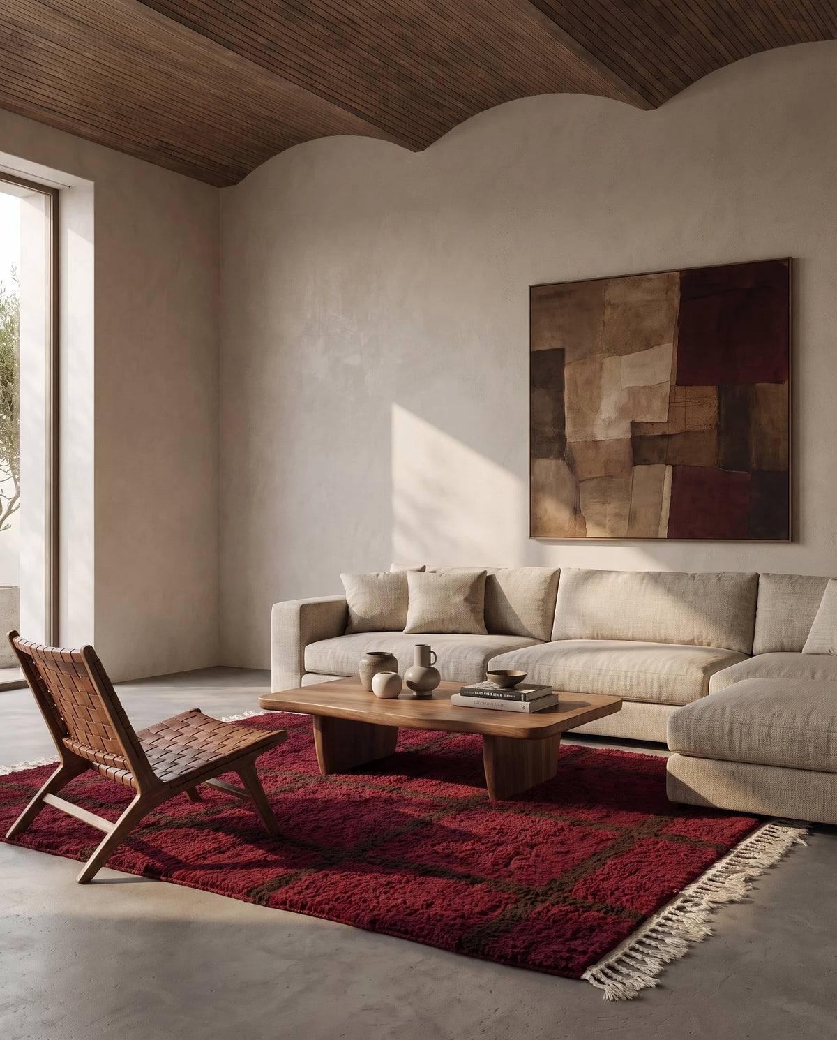 Brown and Burgundy grid wool rug in a furnished room
