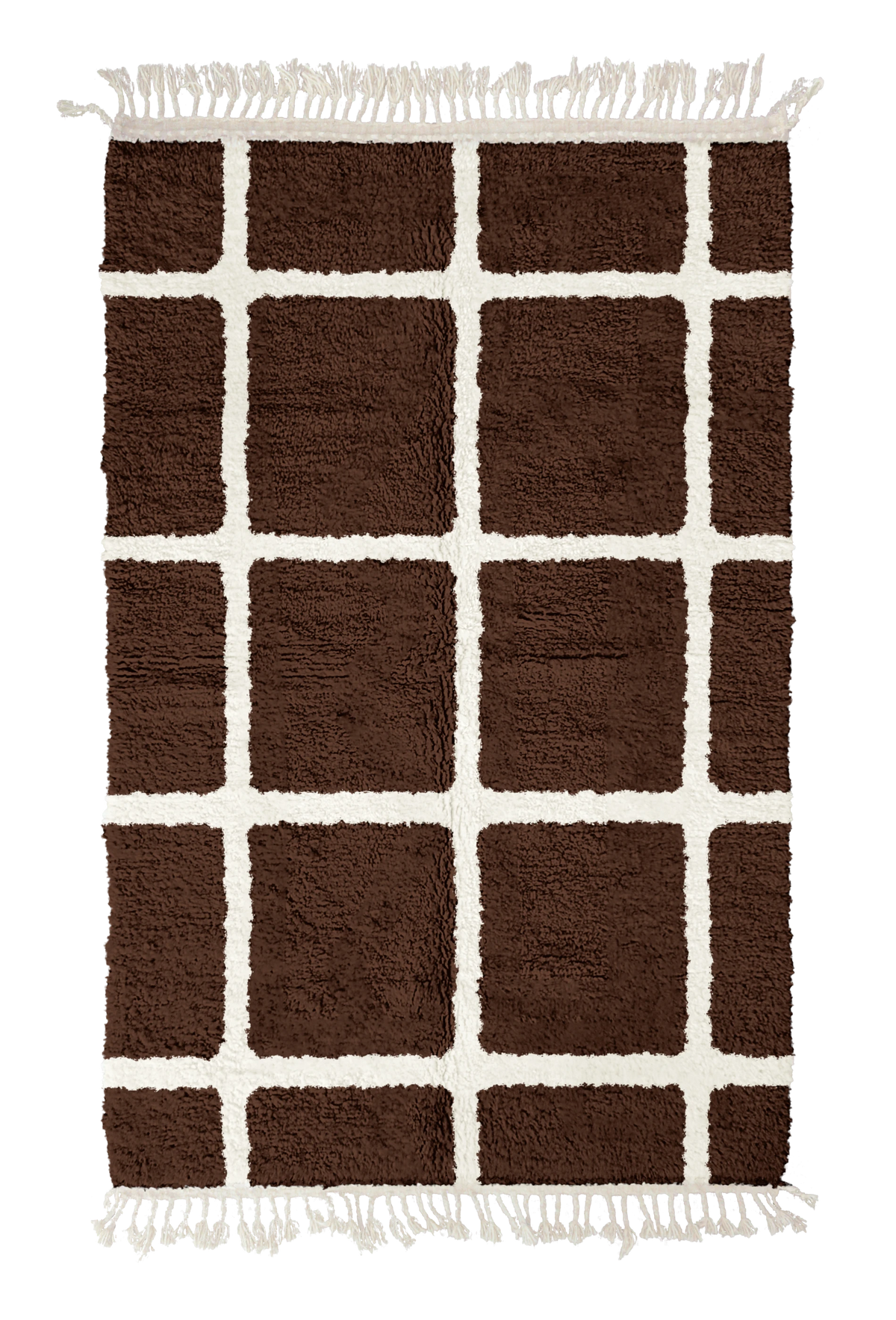 Pane Crossing grid wool rug, cream lines on dark espresso brown, full view