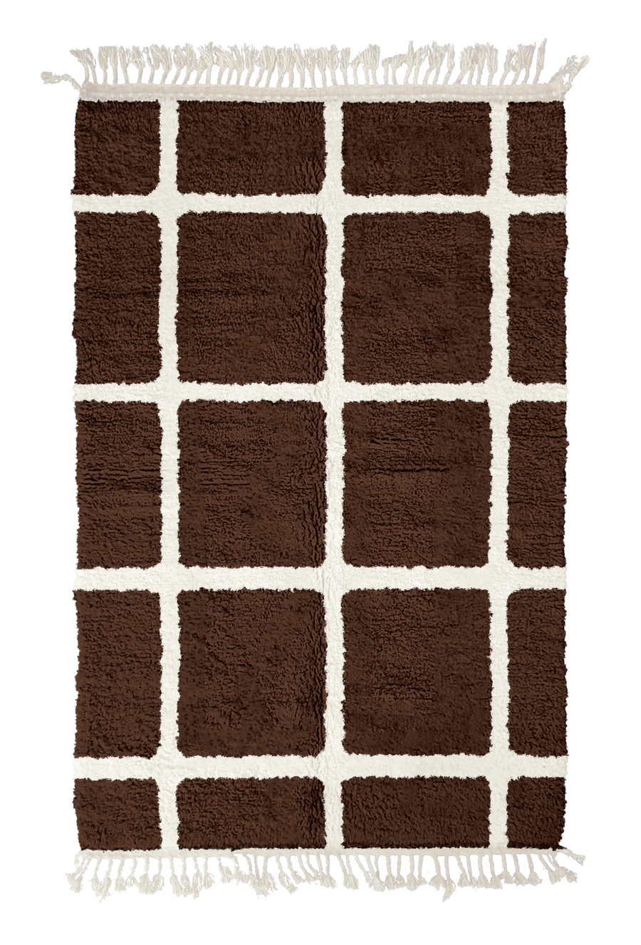 Pane Crossing grid wool rug, cream lines on dark espresso brown, full view
