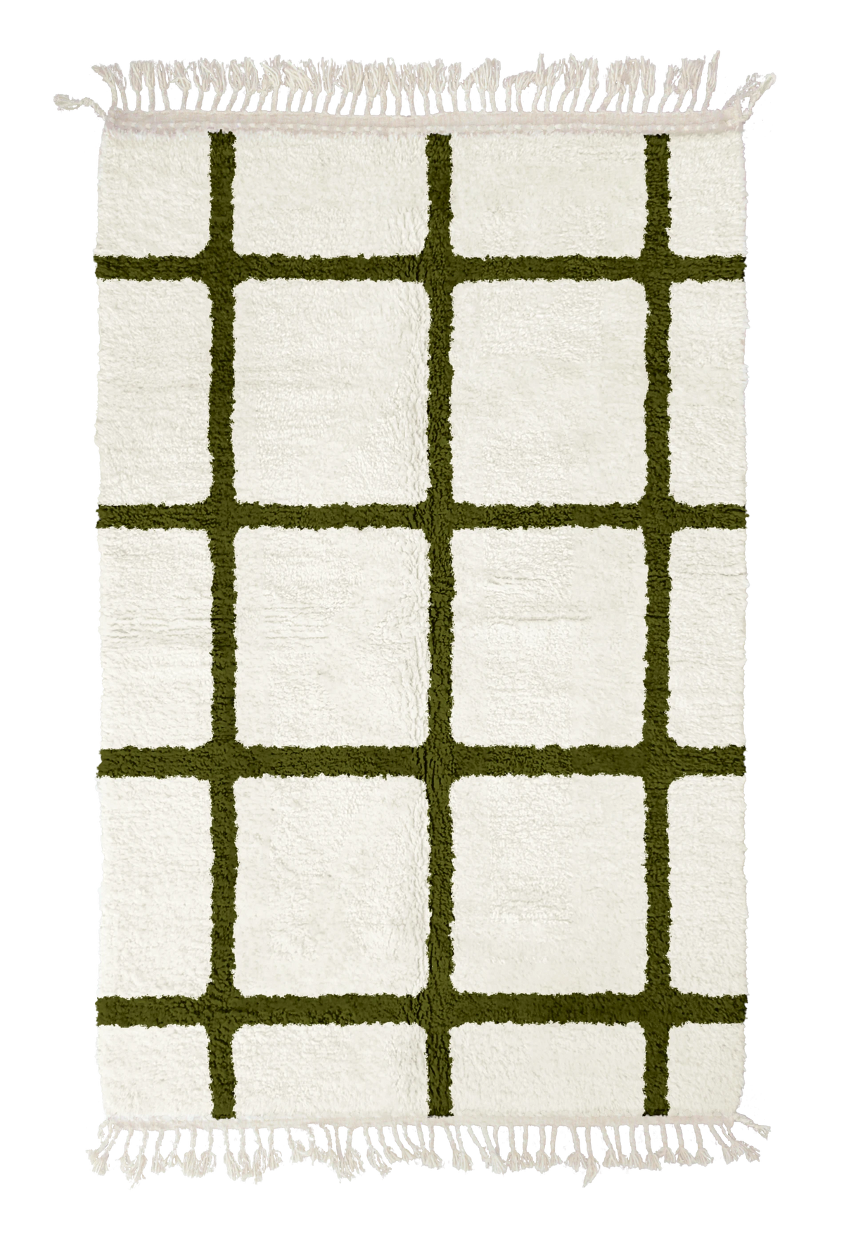 Pane Crossing grid wool rug, olive green lines on cream, full view