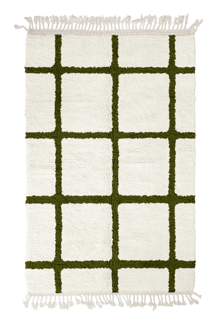 Pane Crossing grid wool rug, olive green lines on cream, full view