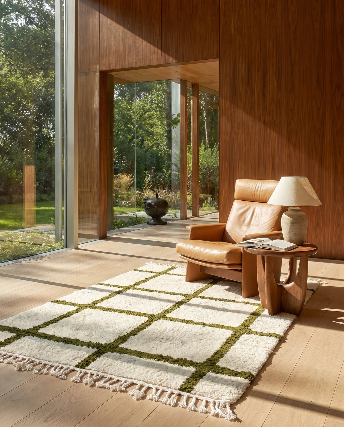 Olive Green and Cream grid wool rug in a furnished room