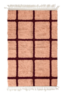 Pane Crossing grid wool rug, oxblood red lines on blush pink, full view