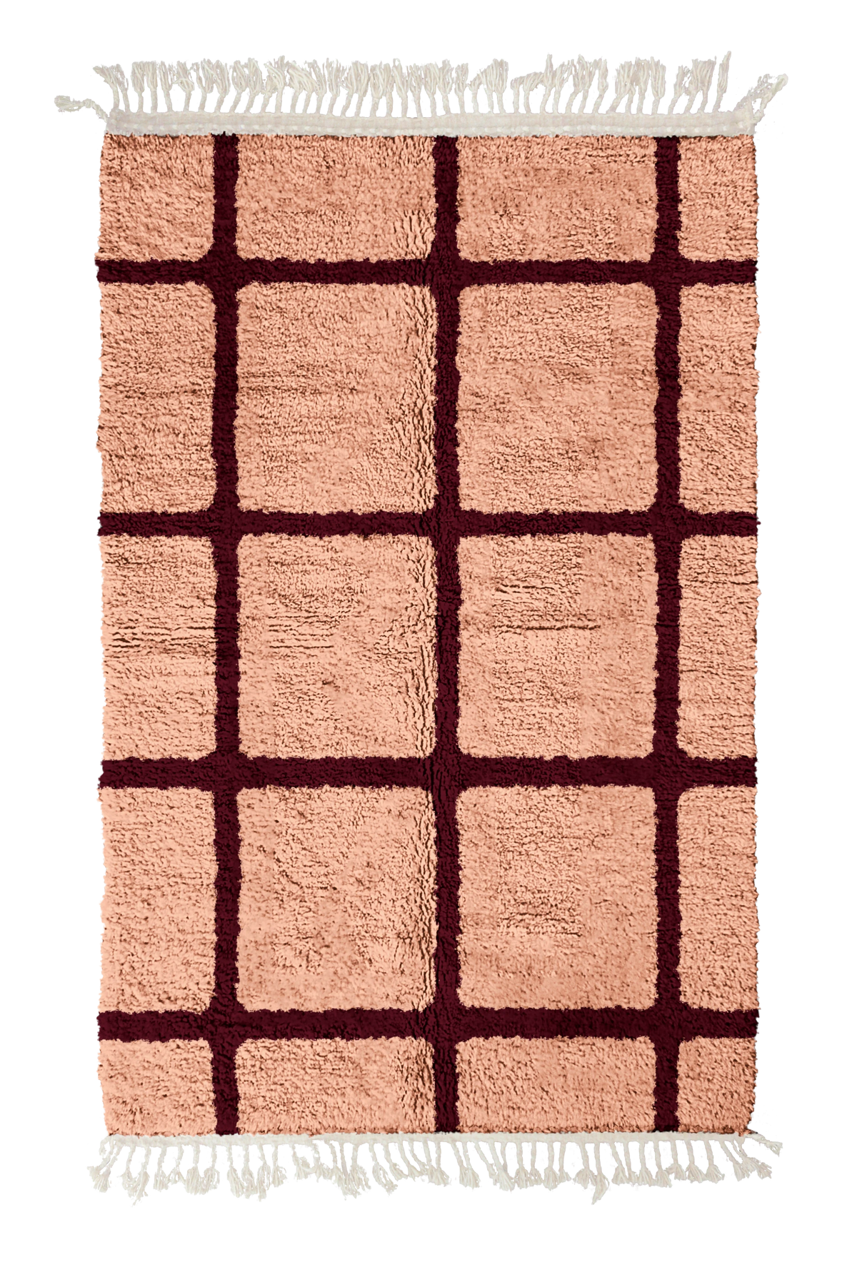 Pane Crossing grid wool rug, oxblood red lines on blush pink, full view