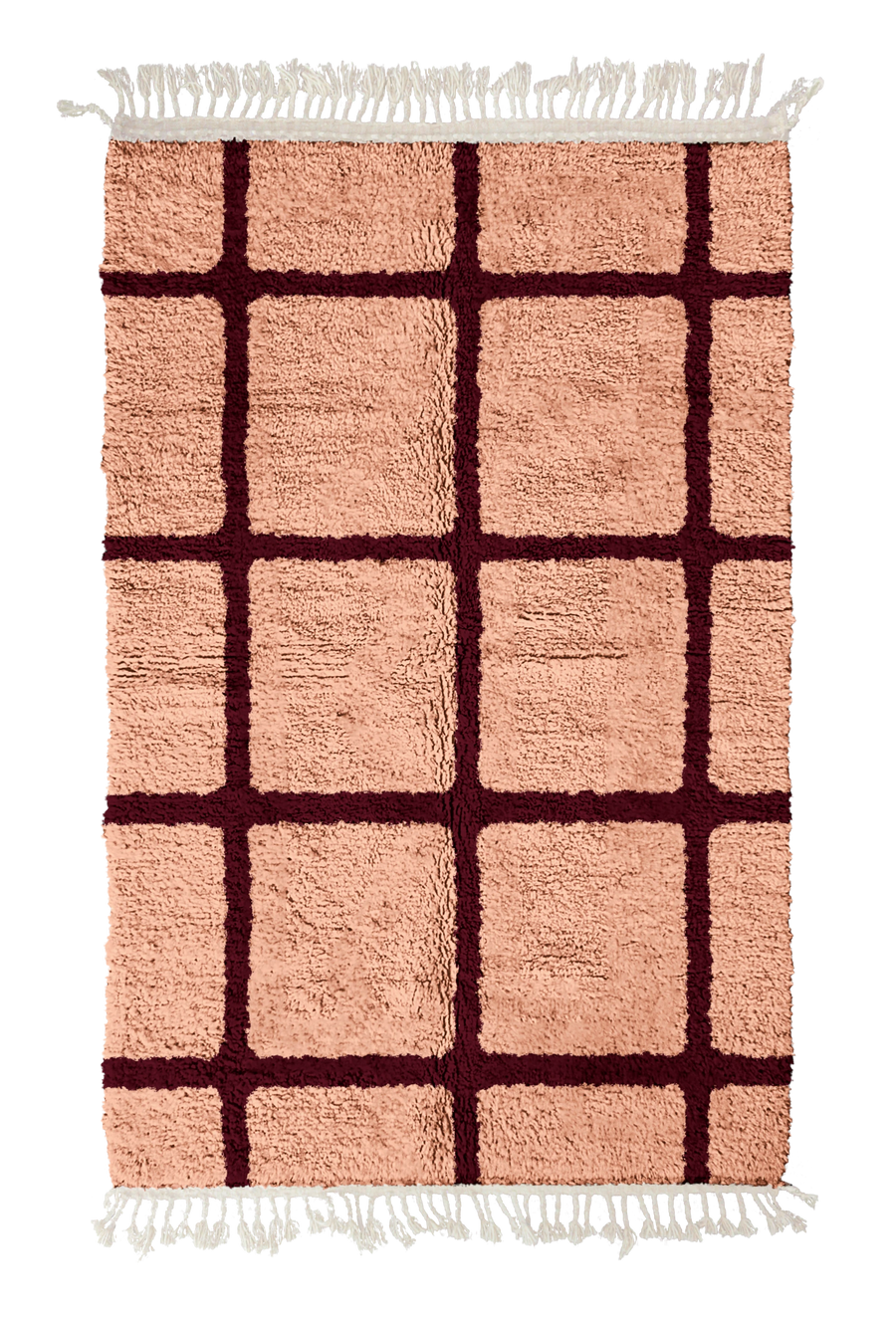 Pane Crossing grid wool rug, oxblood red lines on blush pink, full view