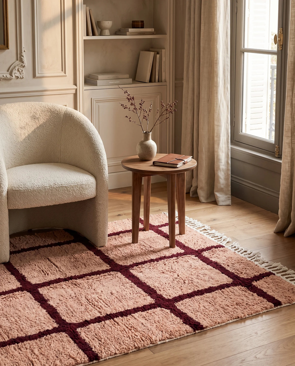 Burgundy and Blush Pink grid wool rug in a furnished room