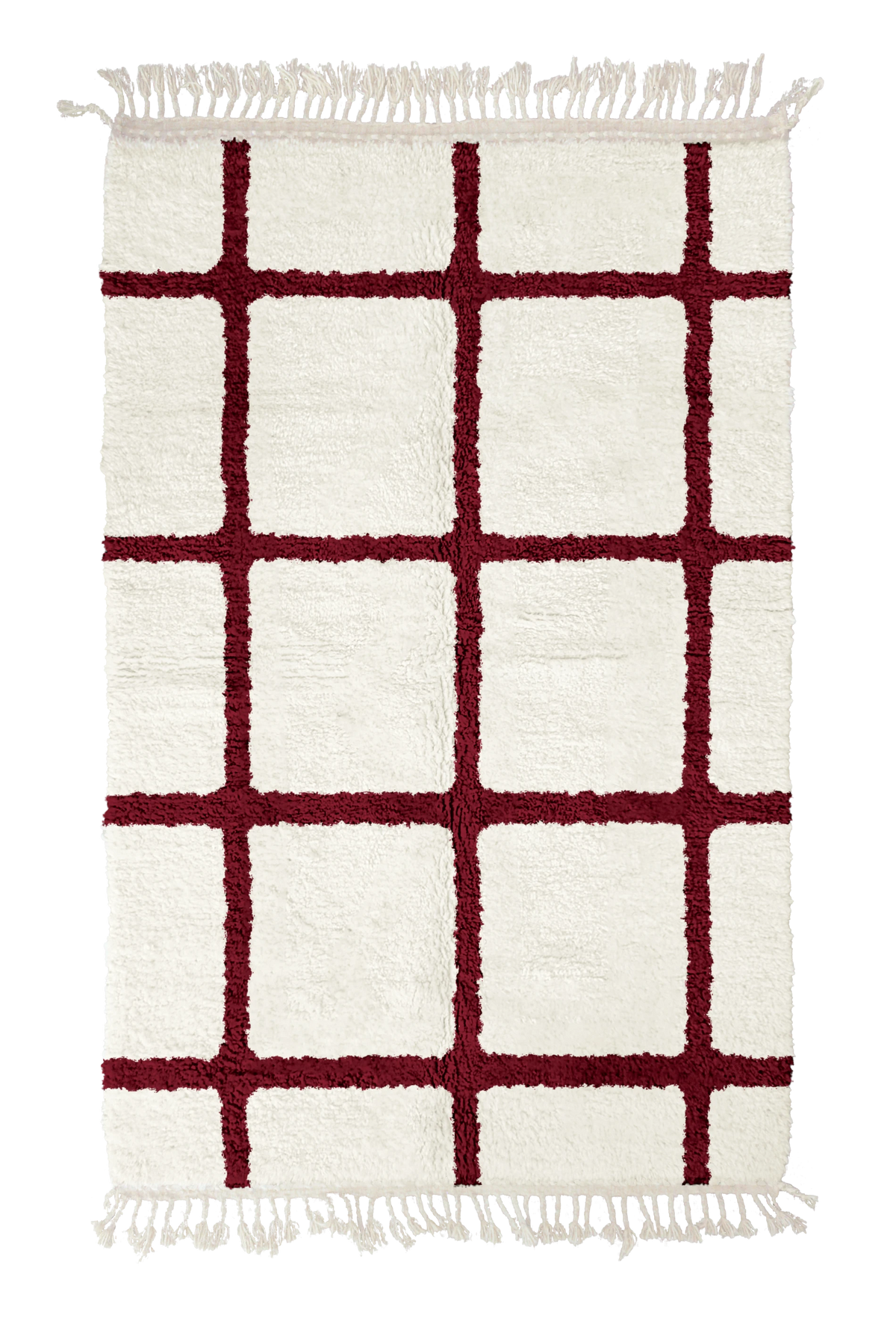 Pane Crossing grid wool rug, burgundy lines on cream, full view