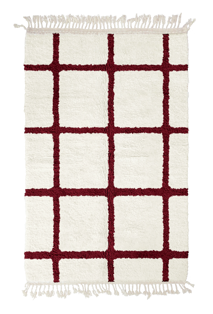 Pane Crossing grid wool rug, burgundy lines on cream, full view