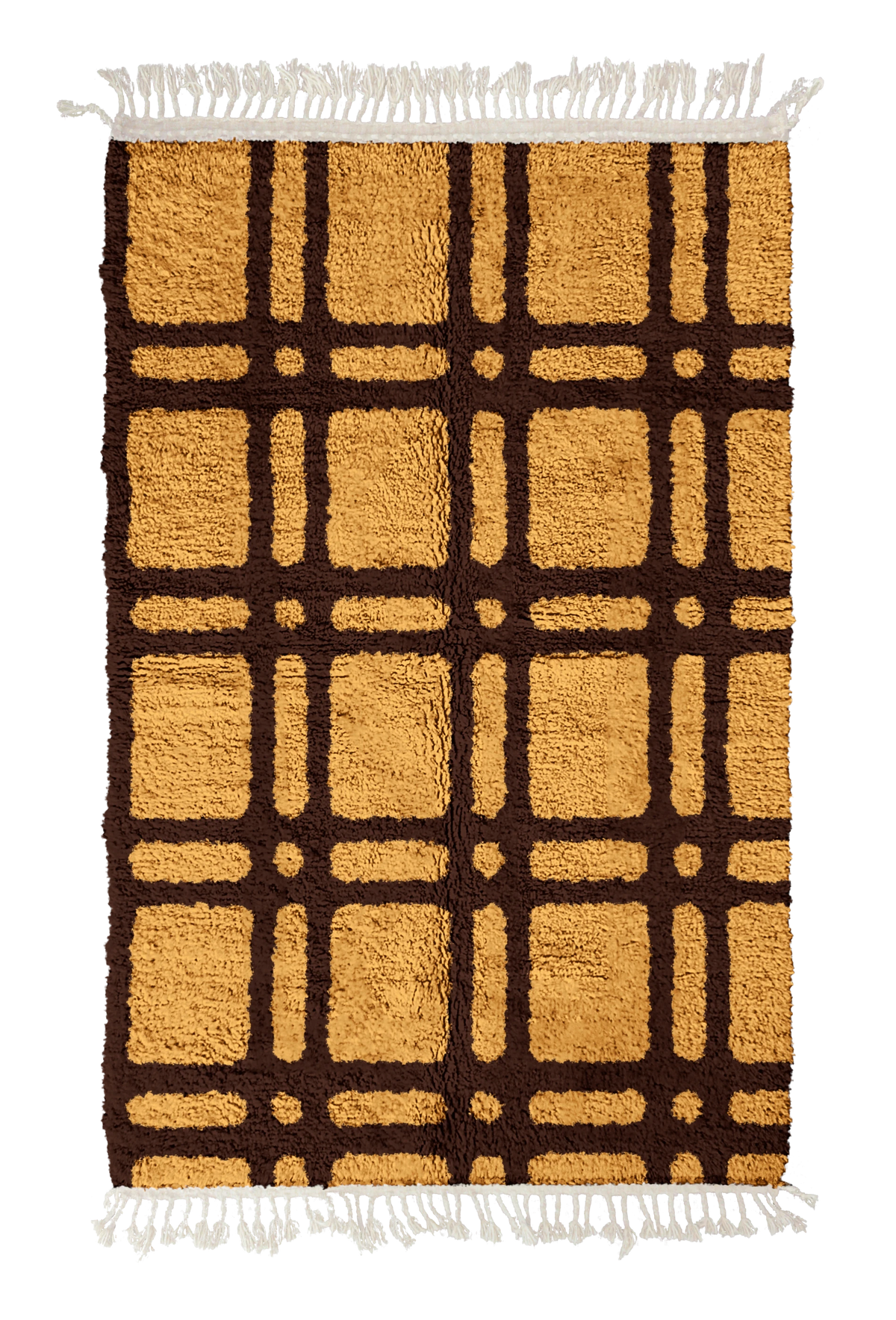 Twin Crossing grid wool rug, dark brown lines on ochre yellow, full view