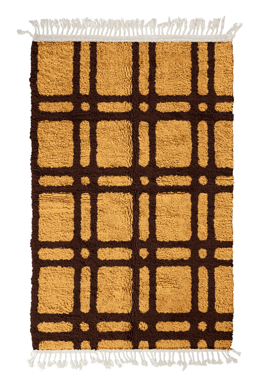 Twin Crossing grid wool rug, dark brown lines on ochre yellow, full view