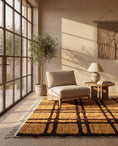 Load image into Gallery viewer, Brown and Ochre Yellow grid wool rug in a furnished room
