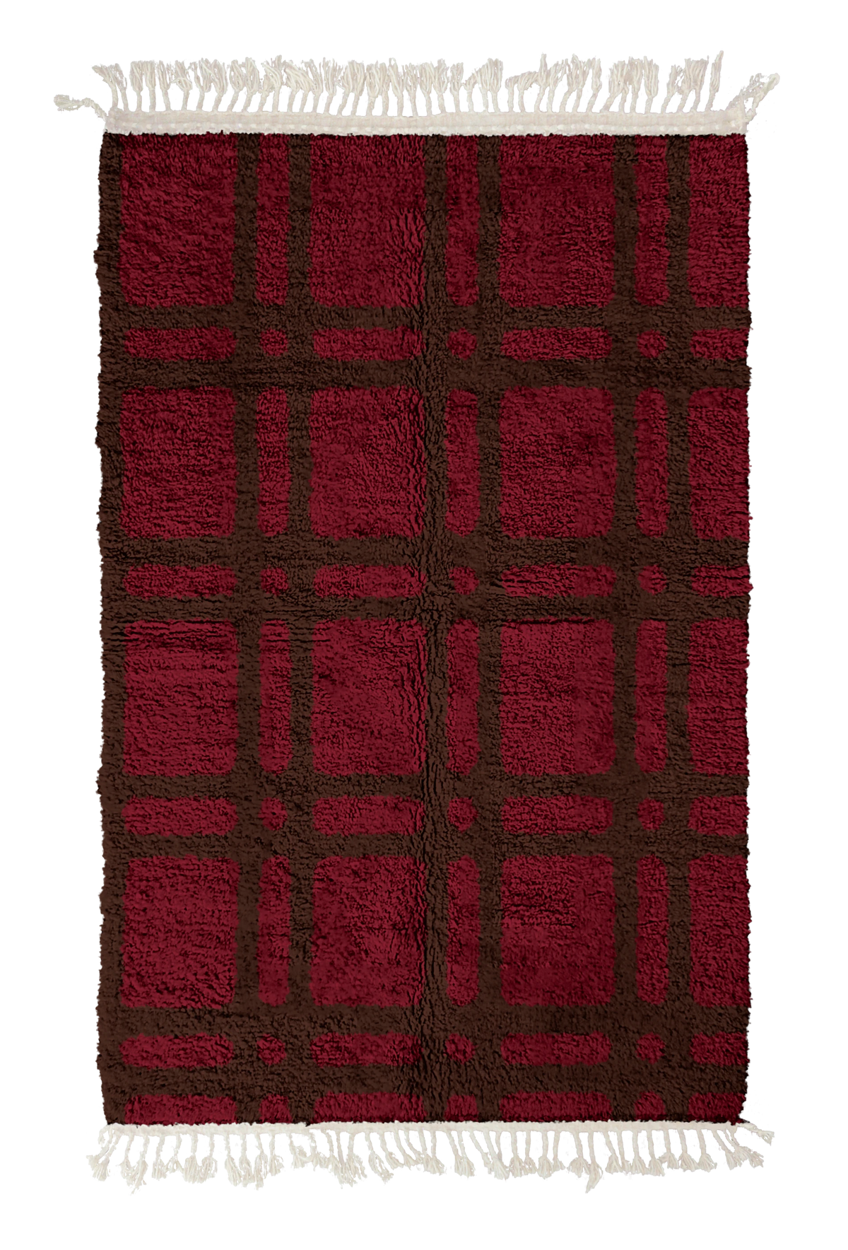 Twin Crossing grid wool rug, dark brown lines on burgundy, full view