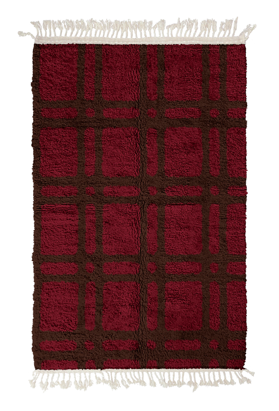 Twin Crossing grid wool rug, dark brown lines on burgundy, full view