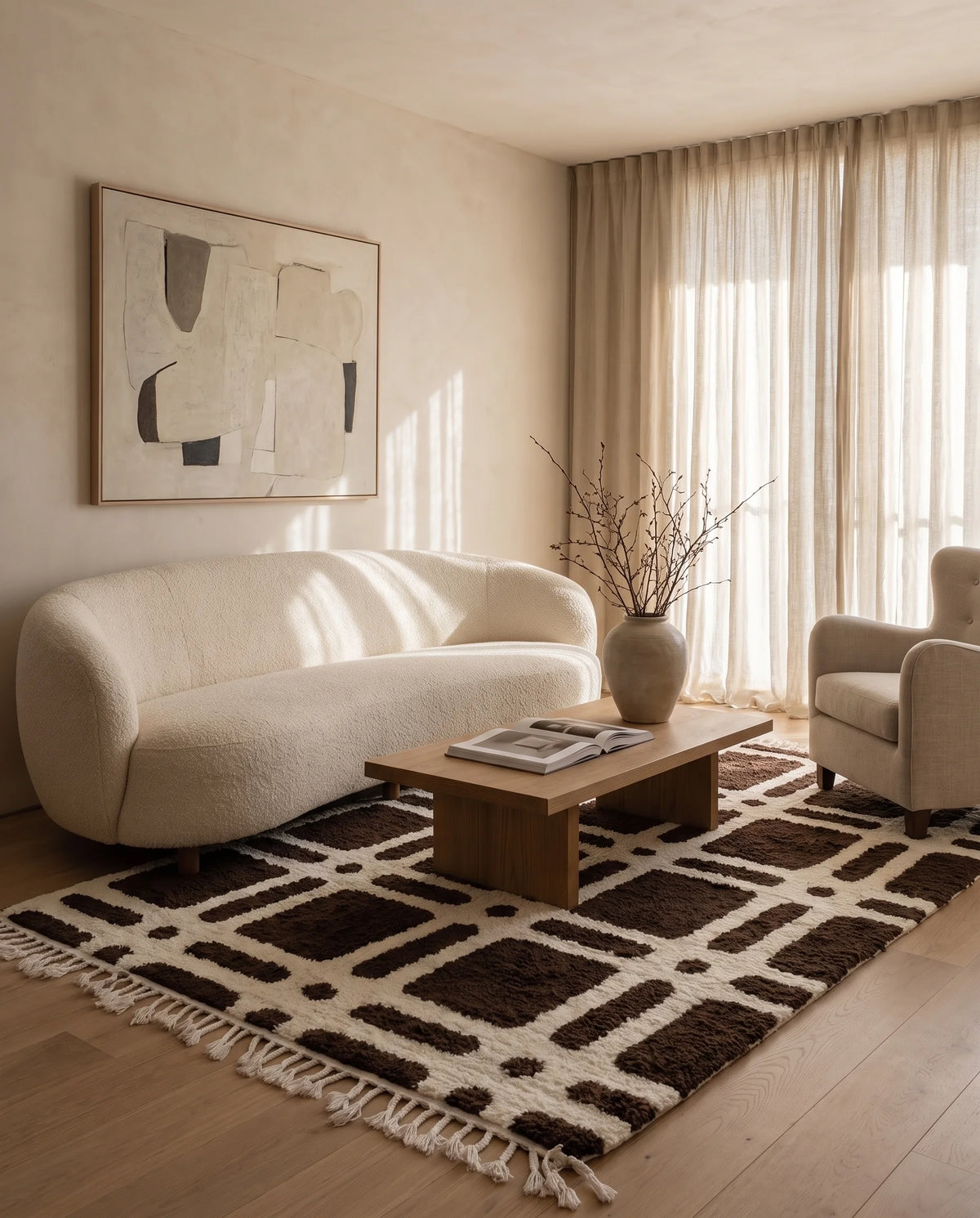 Cream and Dark Brown grid wool rug in a furnished room