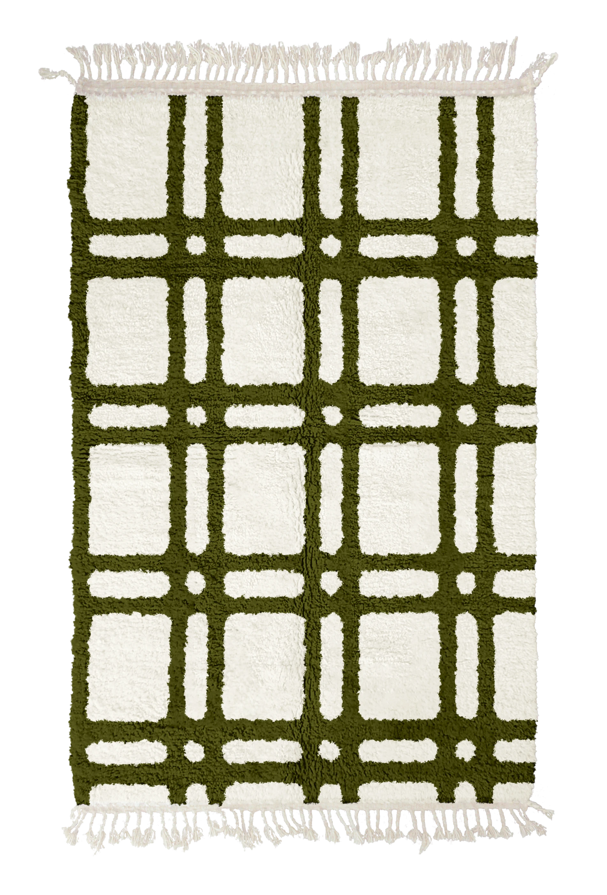 Twin Crossing grid wool rug, olive green lines on cream, full view