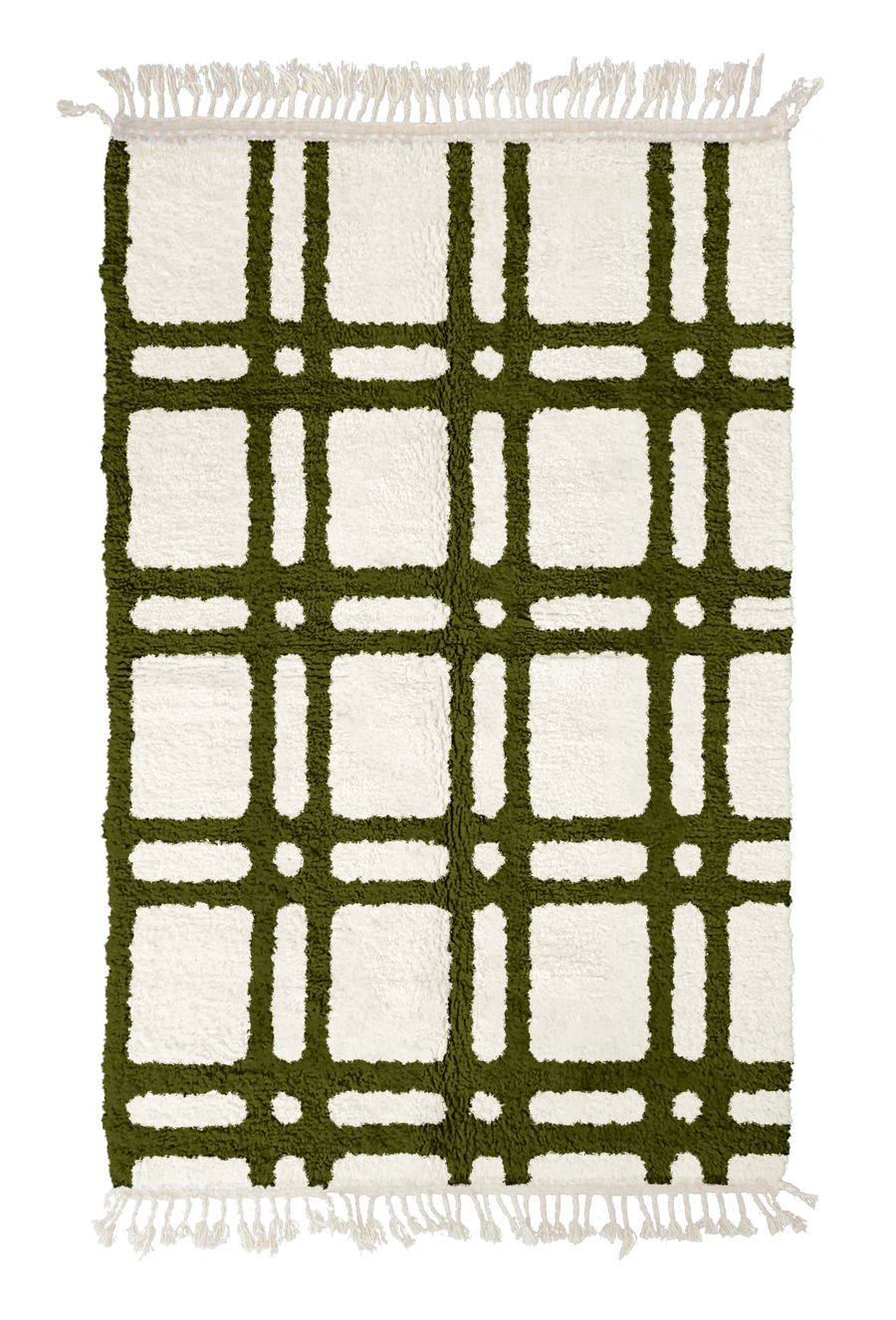 Twin Crossing grid wool rug, olive green lines on cream, full view