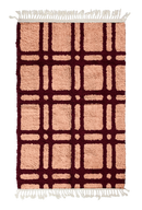 Twin Crossing grid wool rug, oxblood red lines on blush pink, full view