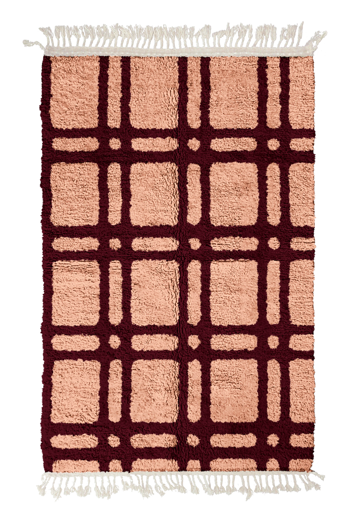Twin Crossing grid wool rug, oxblood red lines on blush pink, full view