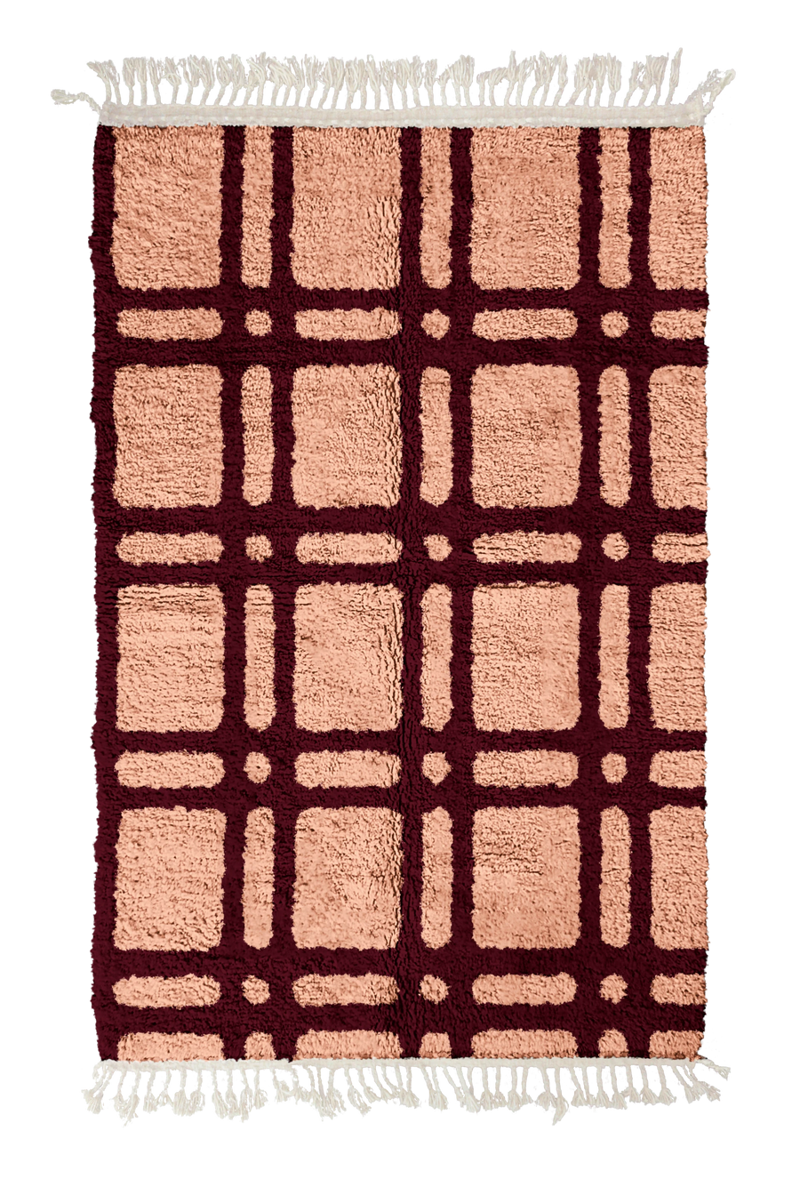 Twin Crossing grid wool rug, oxblood red lines on blush pink, full view