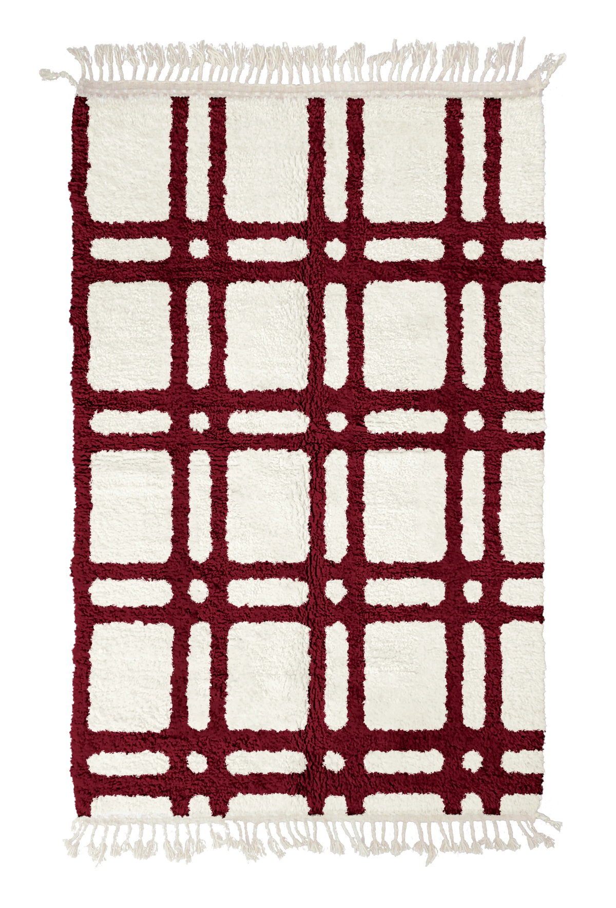 Twin Crossing grid wool rug, burgundy lines on cream, full view