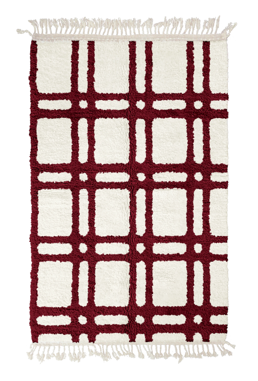 Twin Crossing grid wool rug, burgundy lines on cream, full view