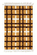 Plaid Crossing grid wool rug, dark brown lines and cream accents on ochre yellow, full view