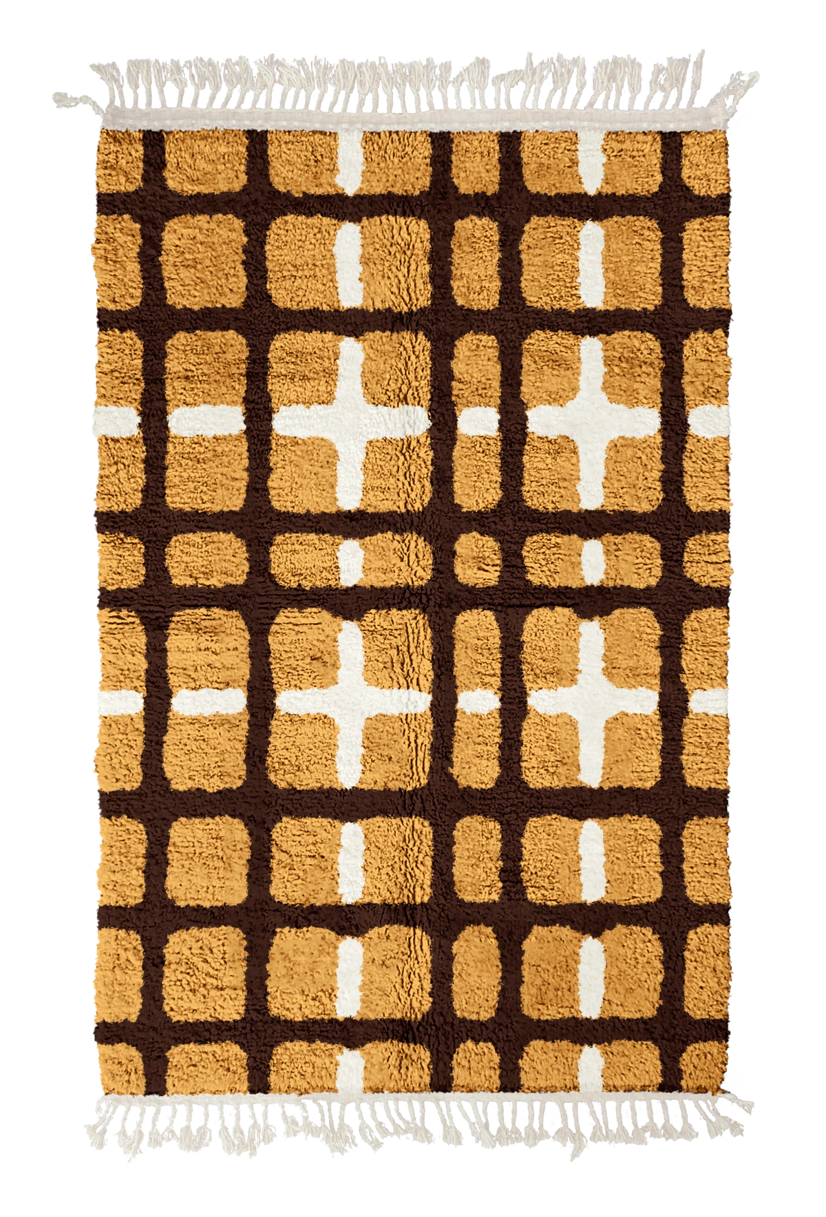 Plaid Crossing grid wool rug, dark brown lines and cream accents on ochre yellow, full view
