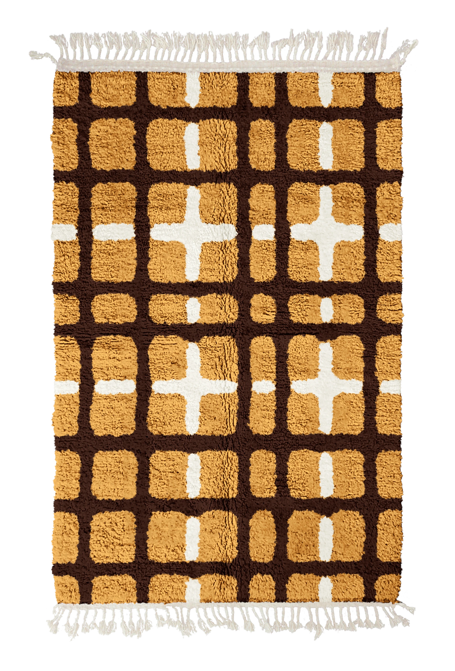 Plaid Crossing grid wool rug, dark brown lines and cream accents on ochre yellow, full view