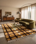 Load image into Gallery viewer, Brown, Cream and Ochre Yellow grid wool rug in a furnished room
