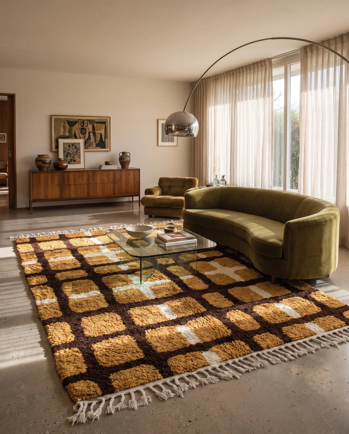 Brown, Cream and Ochre Yellow grid wool rug in a furnished room
