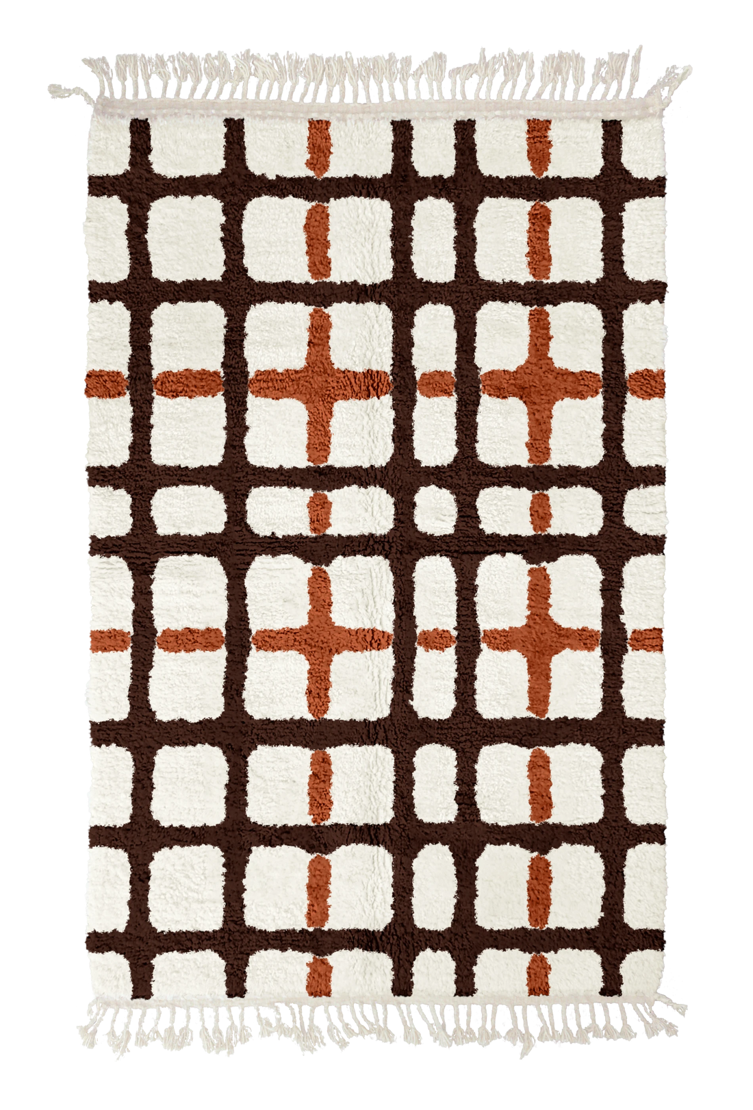 Plaid Crossing grid wool rug, dark brown lines and terracotta accents on cream, full view