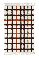 Plaid Crossing grid wool rug, dark brown lines and terracotta accents on cream, full view