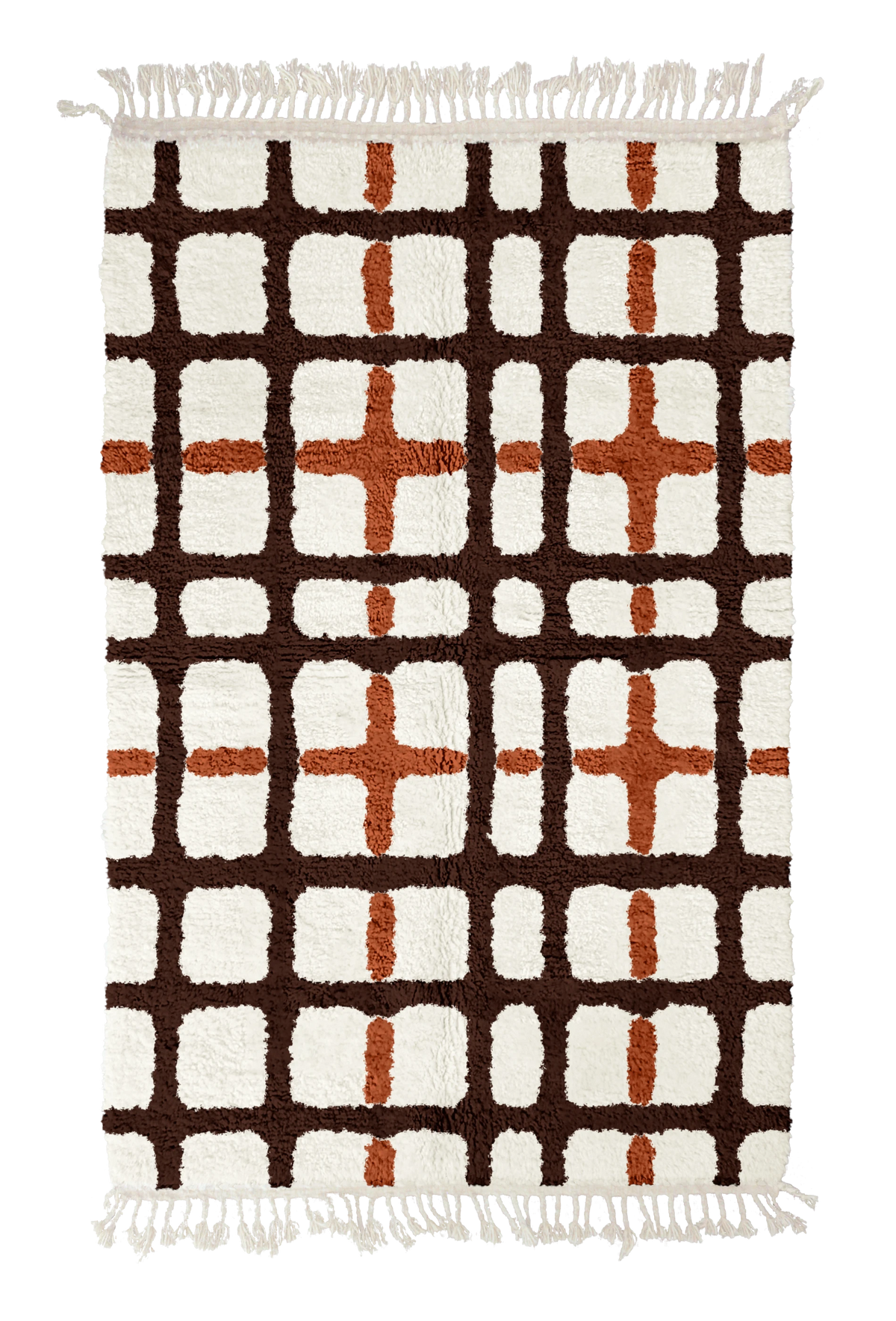 Plaid Crossing grid wool rug, dark brown lines and terracotta accents on cream, full view
