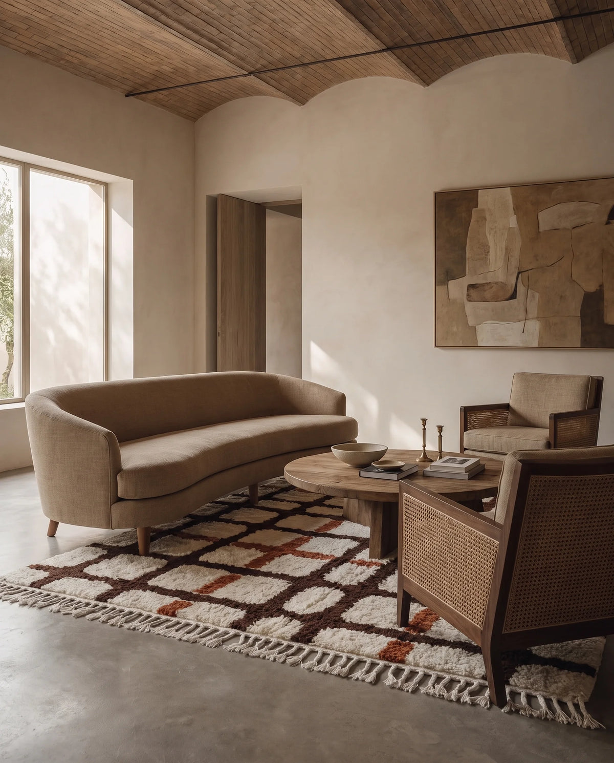 Brown, Terracotta and Cream grid wool rug in a furnished room