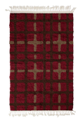 Load image into Gallery viewer, Plaid Crossing grid wool rug, dark brown lines and warm taupe accents on burgundy, full view
