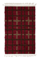 Plaid Crossing grid wool rug, dark brown lines and warm taupe accents on burgundy, full view