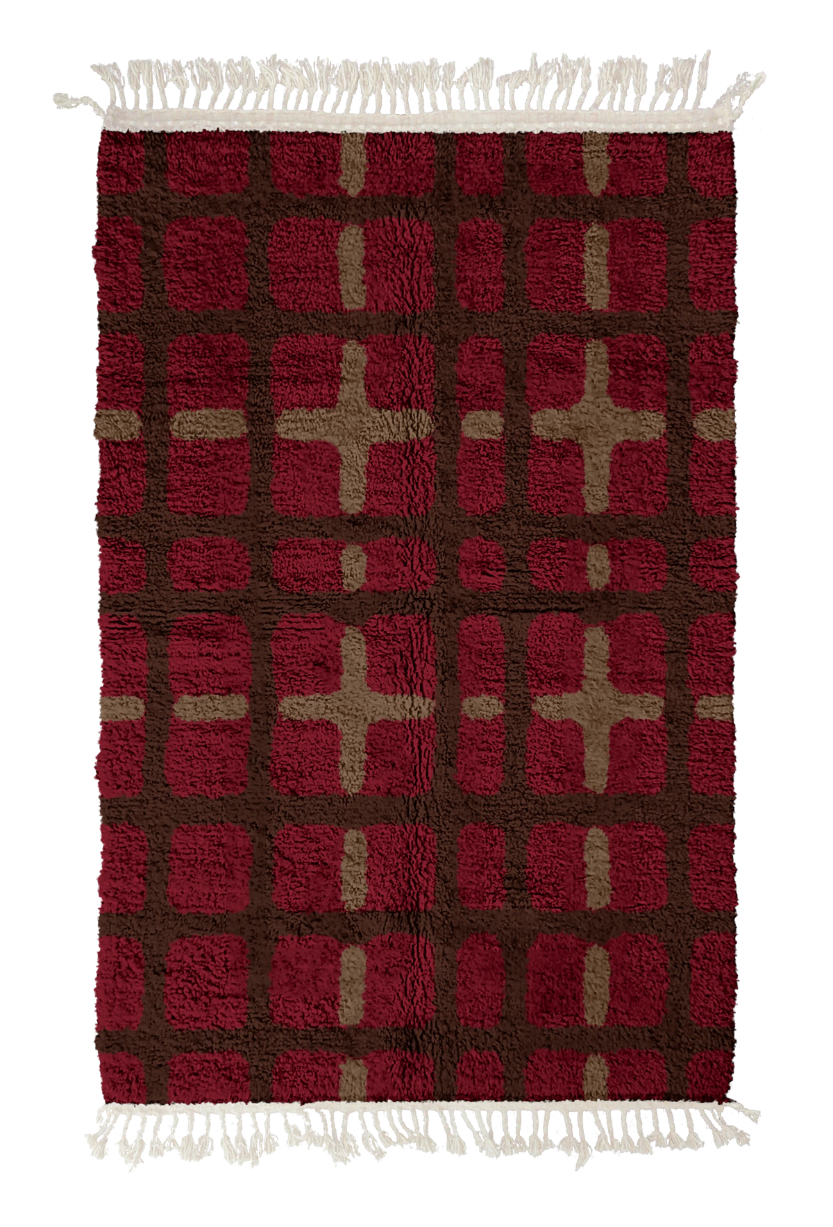 Plaid Crossing grid wool rug, dark brown lines and warm taupe accents on burgundy, full view