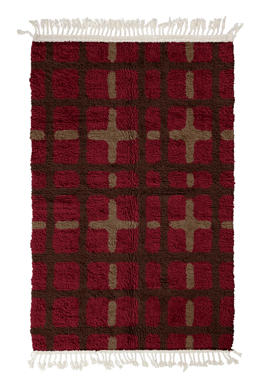 Plaid Crossing grid wool rug, dark brown lines and warm taupe accents on burgundy, full view