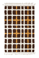 Plaid Crossing grid wool rug, cream lines and ochre yellow accents on dark espresso brown, full view