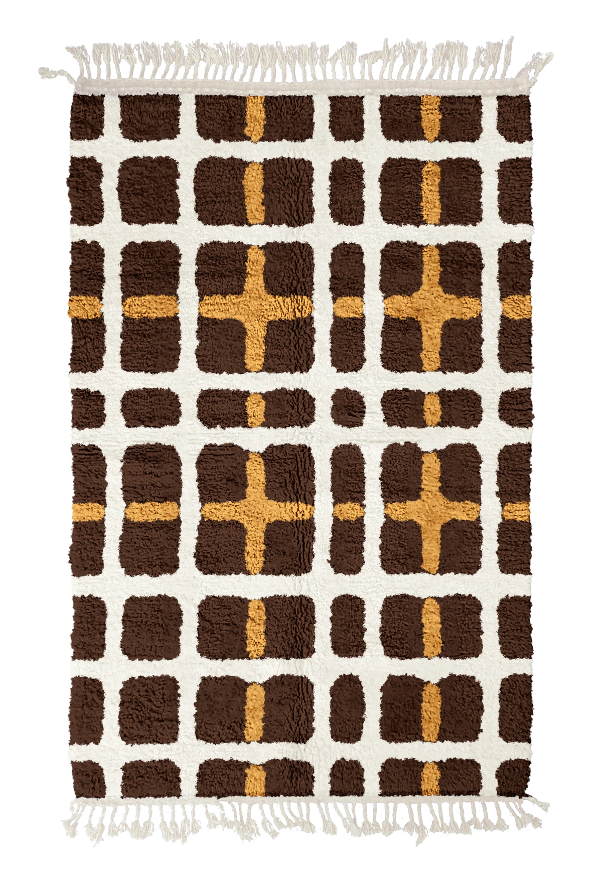 Plaid Crossing grid wool rug, cream lines and ochre yellow accents on dark espresso brown, full view