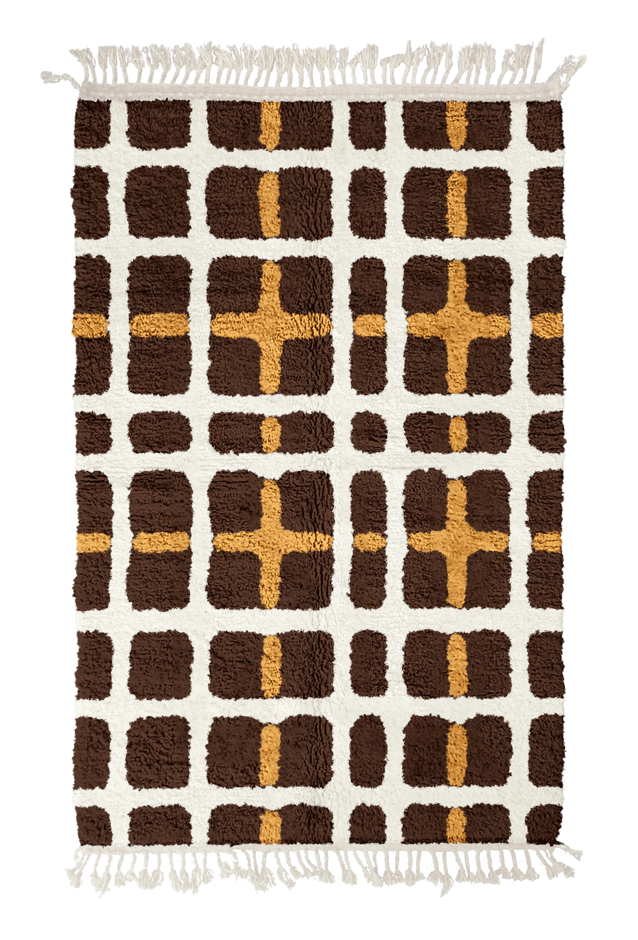Plaid Crossing grid wool rug, cream lines and ochre yellow accents on dark espresso brown, full view