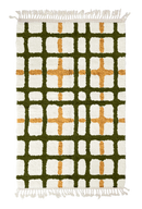 Plaid Crossing grid wool rug, olive green lines and ochre yellow accents on cream, full view