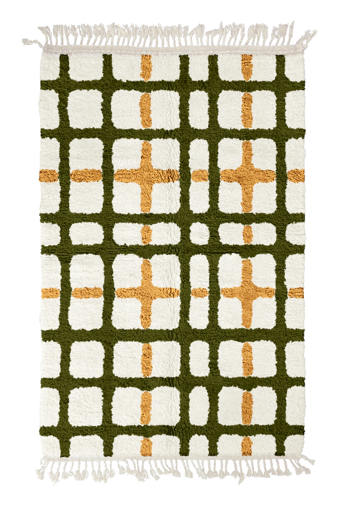 Plaid Crossing grid wool rug, olive green lines and ochre yellow accents on cream, full view