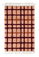 Plaid Crossing grid wool rug, oxblood red lines and terracotta accents on blush pink, full view