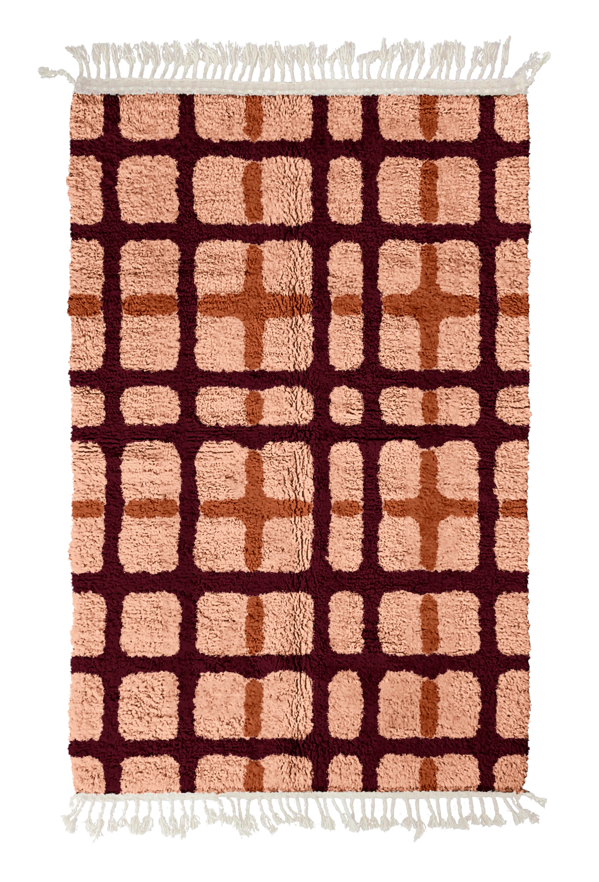 Plaid Crossing grid wool rug, oxblood red lines and terracotta accents on blush pink, full view
