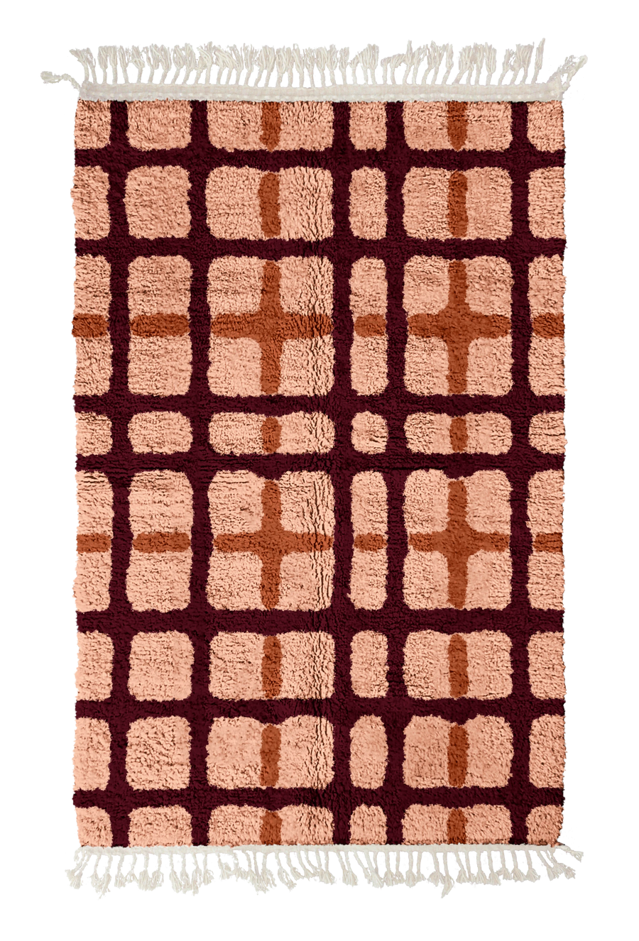 Plaid Crossing grid wool rug, oxblood red lines and terracotta accents on blush pink, full view