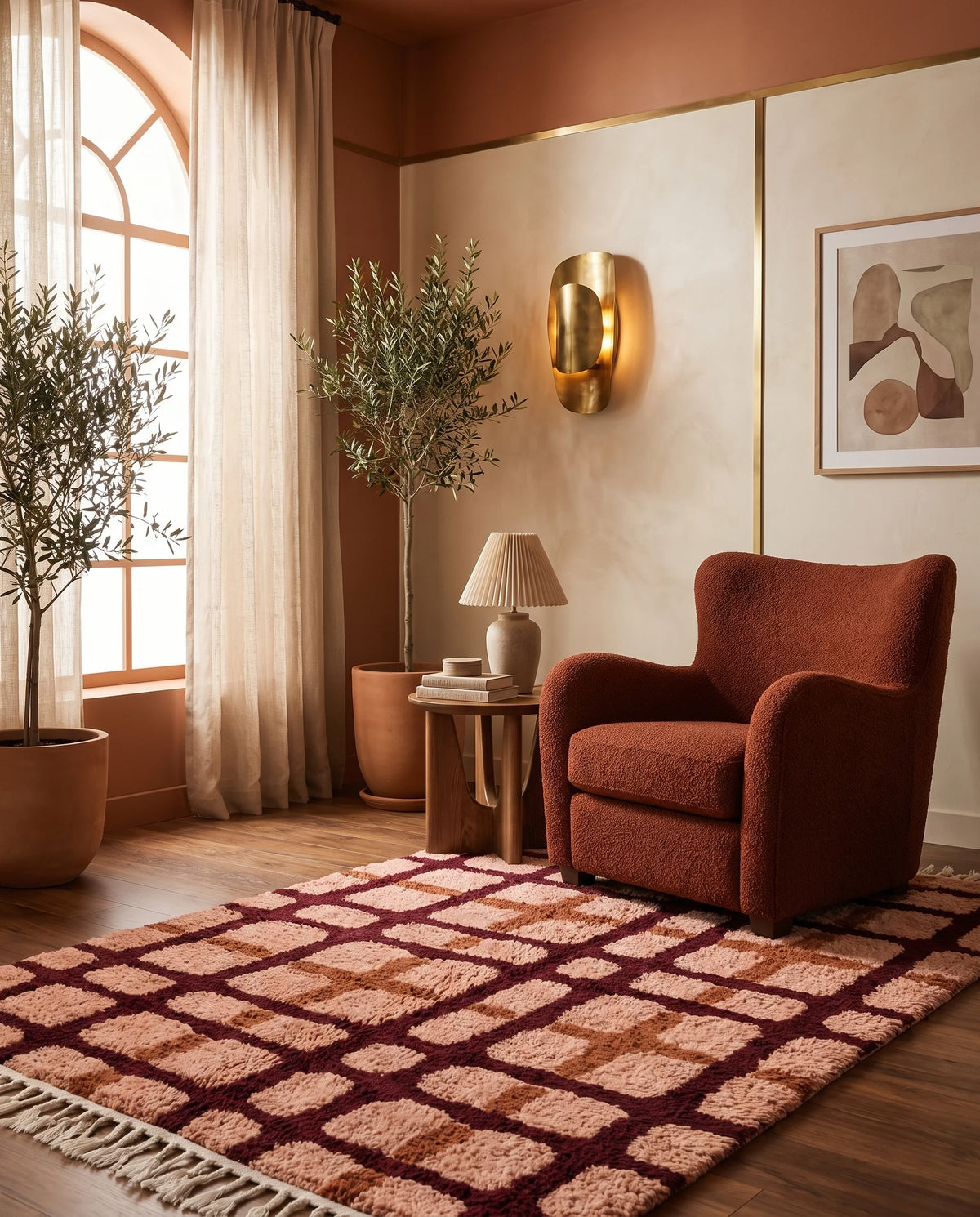 Burgundy, Terracotta and Blush Pink grid wool rug in a furnished room
