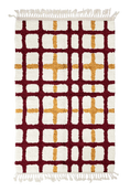 Load image into Gallery viewer, Plaid Crossing grid wool rug, burgundy lines and ochre yellow accents on cream, full view
